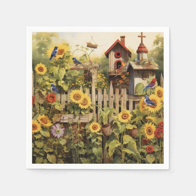 Sunflower Garden 14 Bird Houses Blue Birds Napkin (Front)