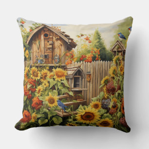 Sunflower Garden 2 Bird Houses Blue Birds Cushion