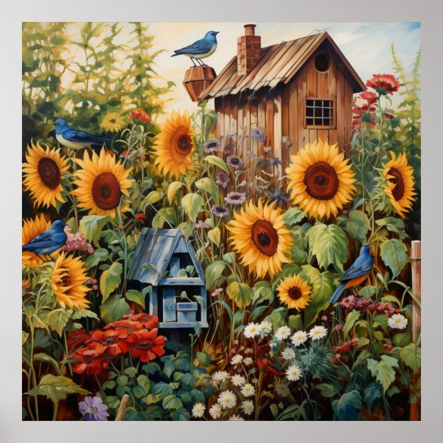 Sunflower Garden 3 Bird Houses Blue Birds Poster (Front)