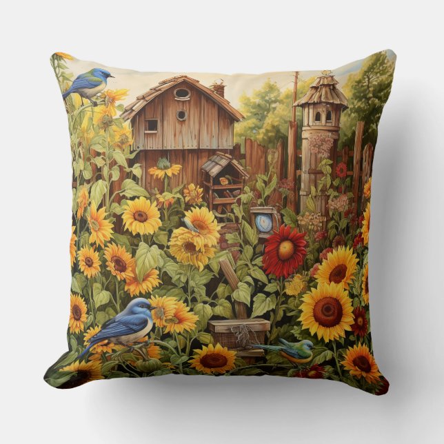 Sunflower Garden 4 Bird Houses Blue Birds Cushion (Front)
