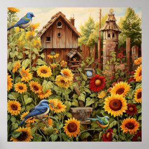 Sunflower Garden 4 Bird Houses Blue Birds Poster
