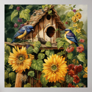 Sunflower Garden 6 Bird Houses Blue Birds Poster