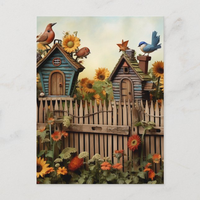 Sunflower Garden 7 Bird Houses Blue Birds Postcard (Front)