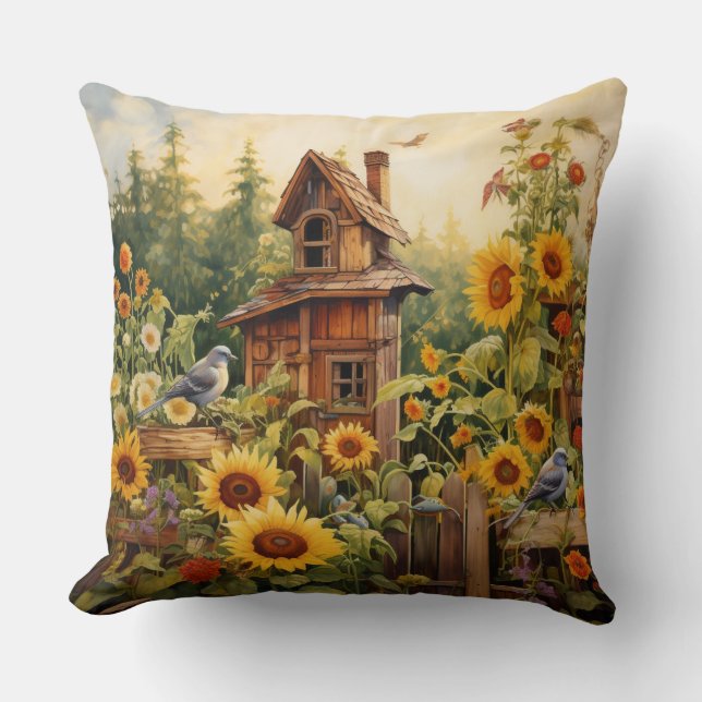 Sunflower Garden 8 Bird Houses Blue Birds Cushion (Front)