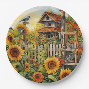 Sunflower Garden 9 Bird Houses Blue Birds Paper Plate