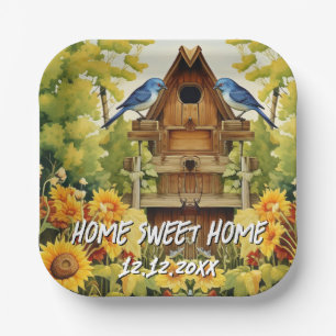 Sunflower Garden Bird Houses Blue Birds Paper Plate
