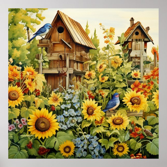 Sunflower Garden Bird Houses Blue Birds Poster (Front)