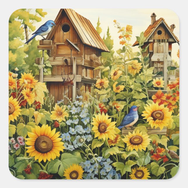 Sunflower Garden Bird Houses Blue Birds Square Sticker (Front)