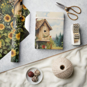 Sunflower Garden Bird Houses Wrapping Paper