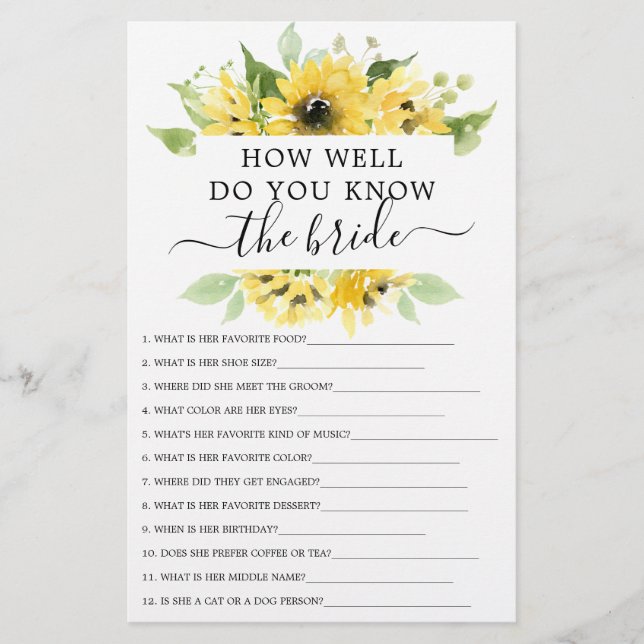 Sunflower Garden Double Sided Bridal Shower Games (Front)