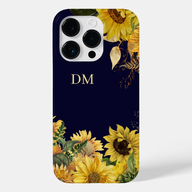 Sunflower Garden on Navy Blue Monogram Case-Mate iPhone Case (Back)