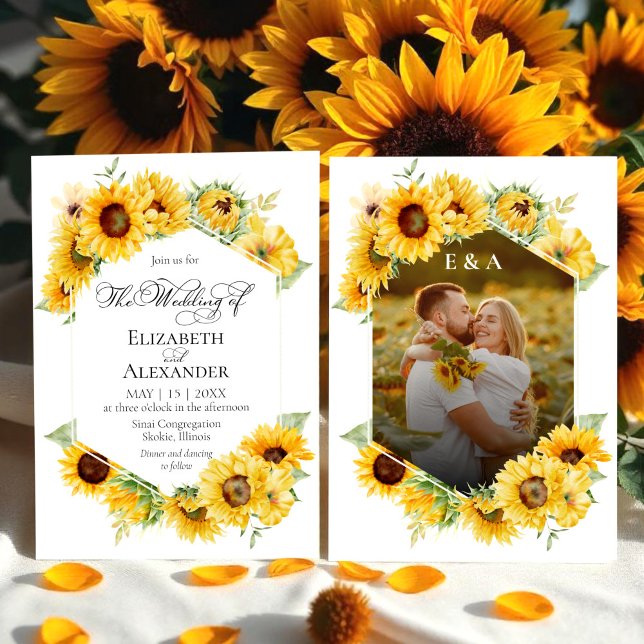Sunflower Geometric Autumn Fall Photo Wedding Invitation (Creator Uploaded)