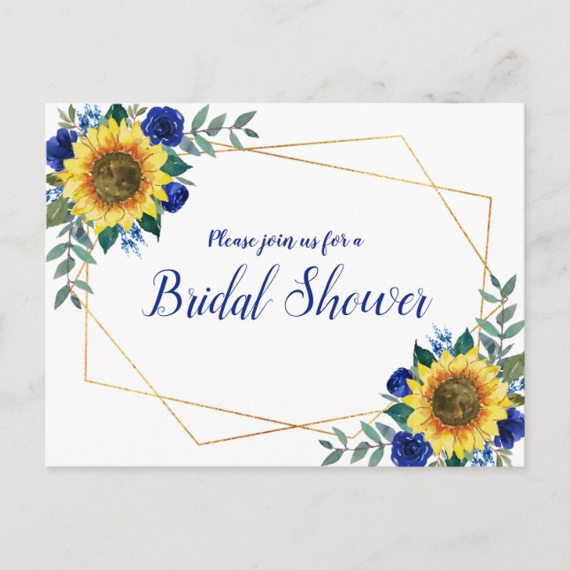 Sunflower Geometric Blue Floral Bridal Shower Invitation Postcard (Front)