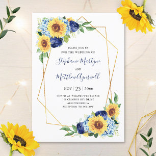 Sunflower Geometric Dusty Blue Floral Wedding Invitation