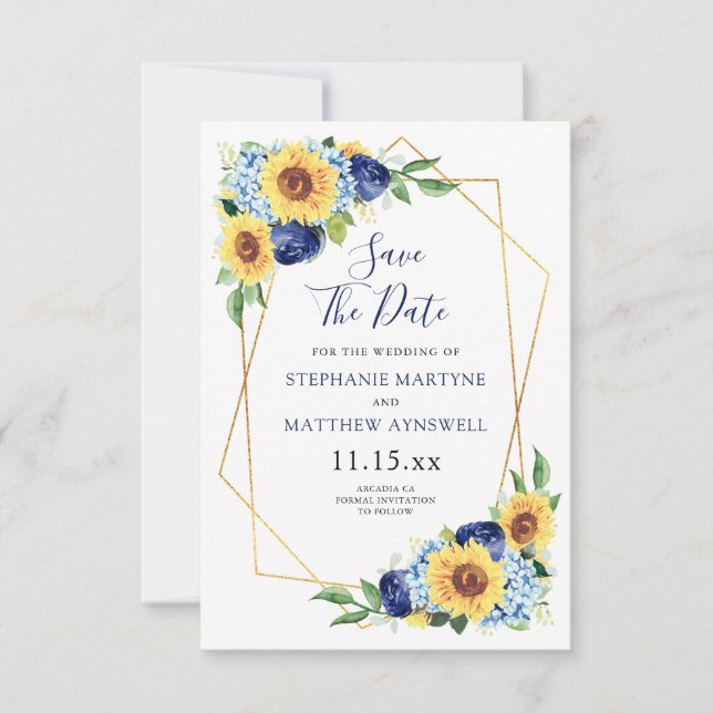 Sunflower Geometric Dusty Blue Navy Floral Wedding Save The Date (Front)