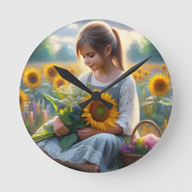 Sunflower Girl Round Clock (Front)
