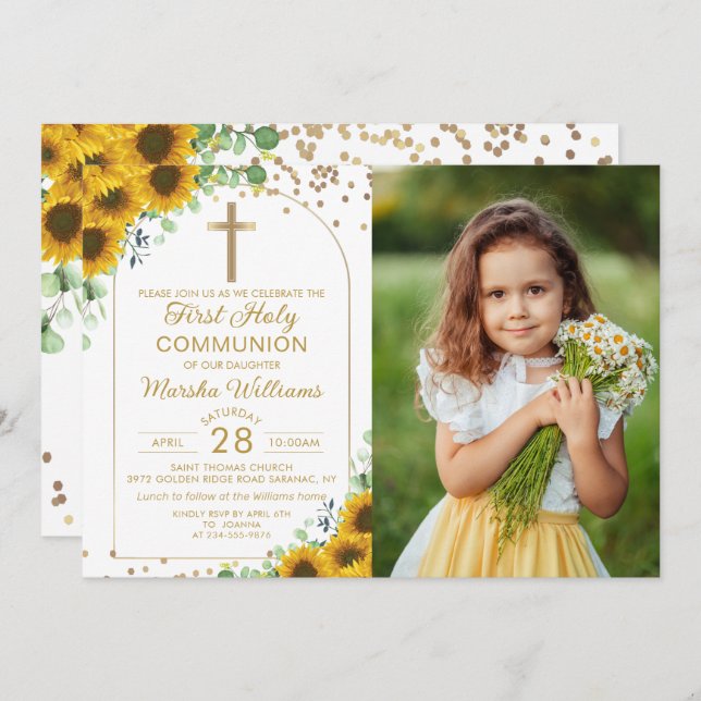 Sunflower Gold Arch First Holy Communion Photo Invitation (Front/Back)