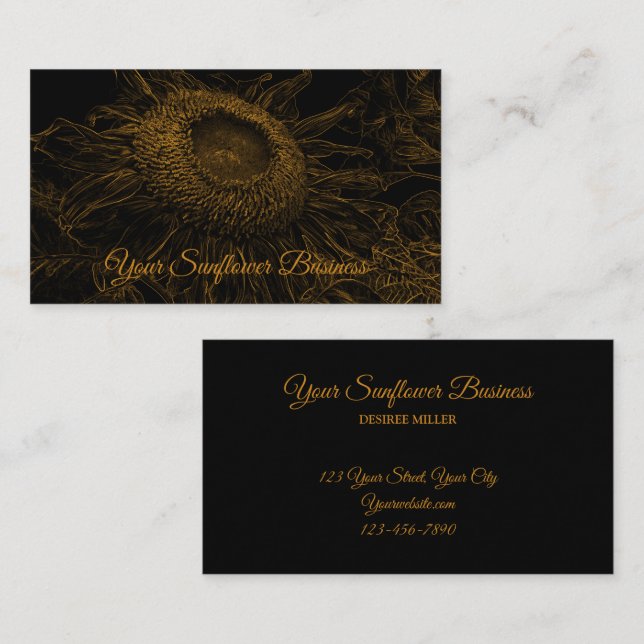 Sunflower Gold Black Floral Art Elegant Luxury Business Card (Front/Back)