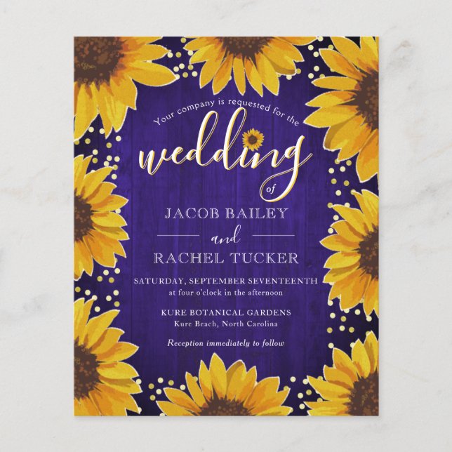 Sunflower Gold Dots Blue Wood Wedding Invitation (Front)