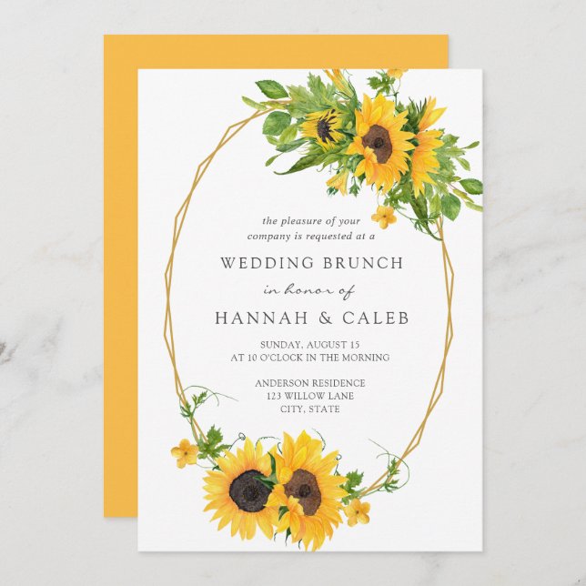 Sunflower Gold Geometric Frame Wedding Brunch Invitation (Front/Back)