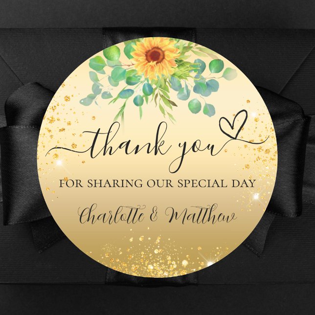 Sunflower gold glitter thank you wedding  classic round sticker (Creator Uploaded)