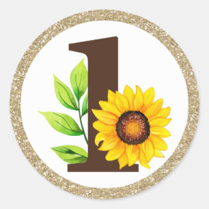 Sunflower & Gold ONE Baby Girl 1st Birthday Party Classic Round Sticker
