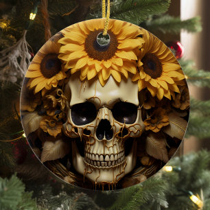 Sunflower Gold Skull  Ceramic Tree Decoration
