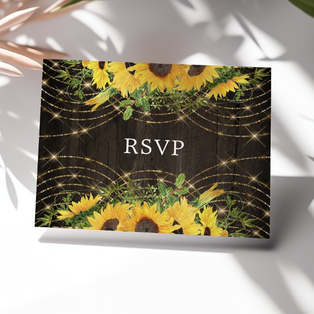 Sunflower Gold String Lights Rustic Wedding RSVP Postcard (Creator Uploaded)