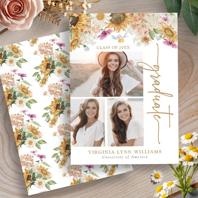 Sunflower Graduation Announcement (Sunflower Photo Collage Graduation Announcement by Painted Paperie
)