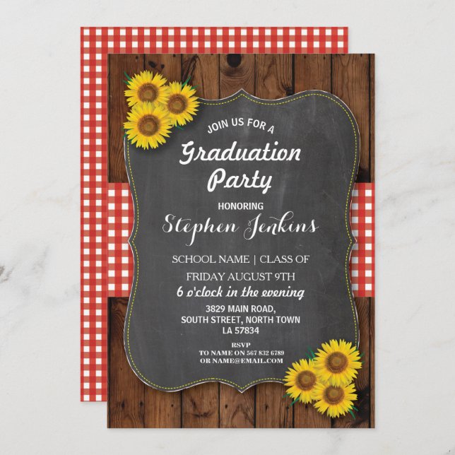 Sunflower Graduation Party Rustic Wood Invite (Front/Back)