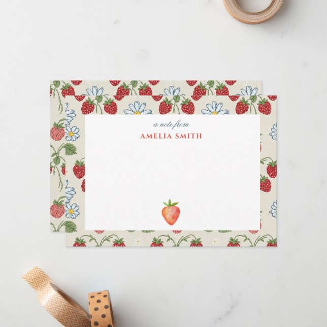 Sunflower Grandmillennial Strawberry Note Card (Front/Back In Situ)