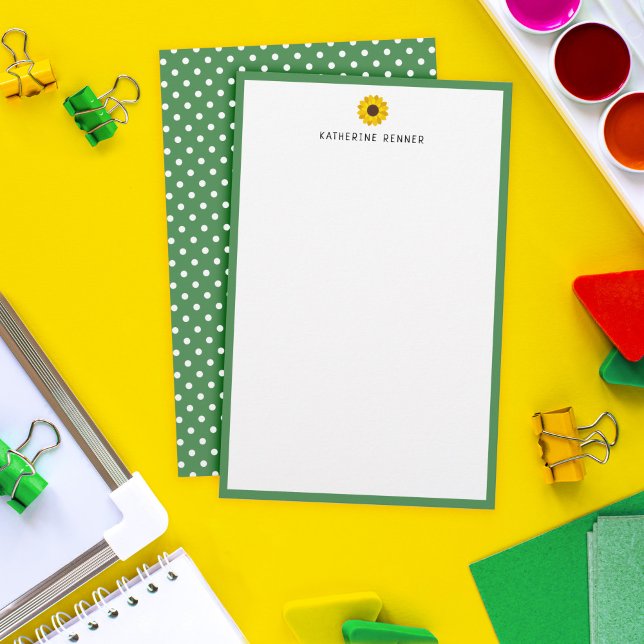 Sunflower Green Border Polka Dots Add Name Stationery (Creator Uploaded)