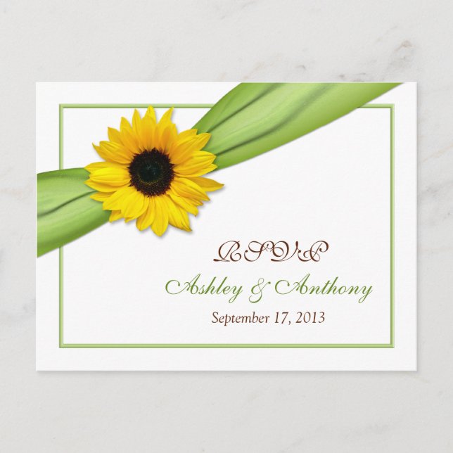 Sunflower Green Ribbon Wedding RSVP Reply Postcard (Front)