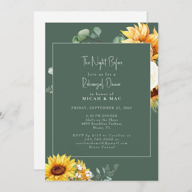 Sunflower Green the Night Before Rehearsal Dinner Invitation (Front/Back)