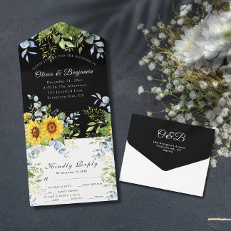 Sunflower Greenery Black and White RSVP Wedding All In One Invitation