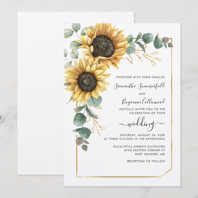 Sunflower Greenery Botanical Geometric Wedding Invitation (Front/Back)