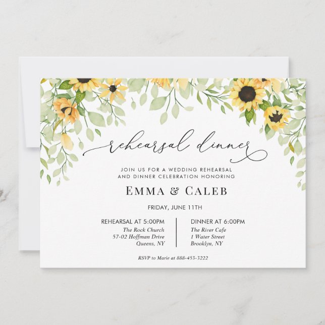 Sunflower Greenery Calligraphy Rehearsal Dinner Invitation (Front)