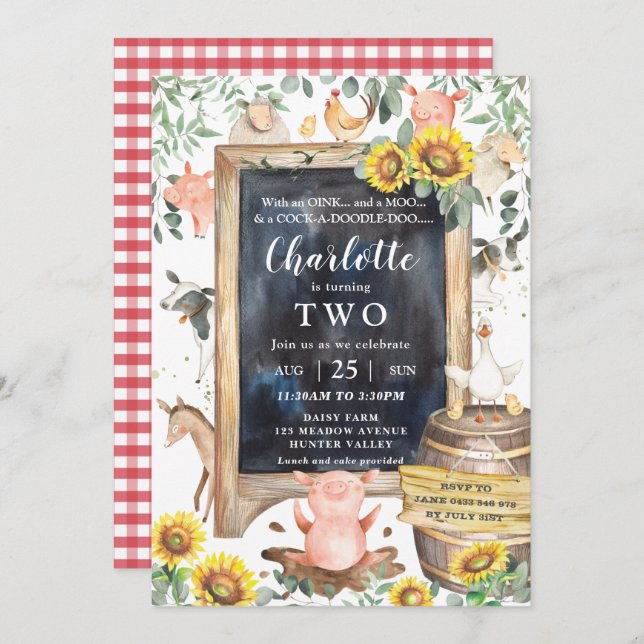 Sunflower Greenery Farm Animals Barnyard Birthday Invitation (Front/Back)