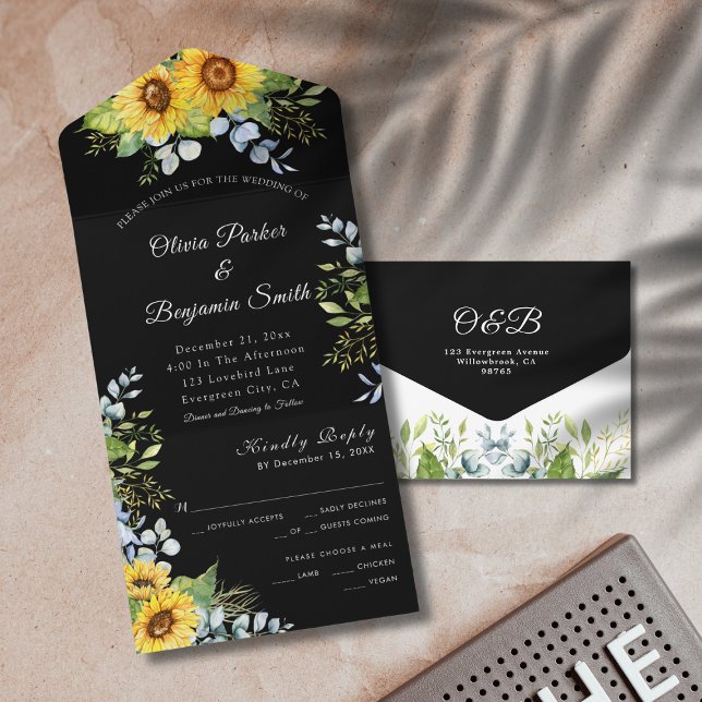 Sunflower Greenery Foliage Black White Wedding  All In One Invitation (Sunflower Greenery Foliage Black White Wedding All In One Invitation)