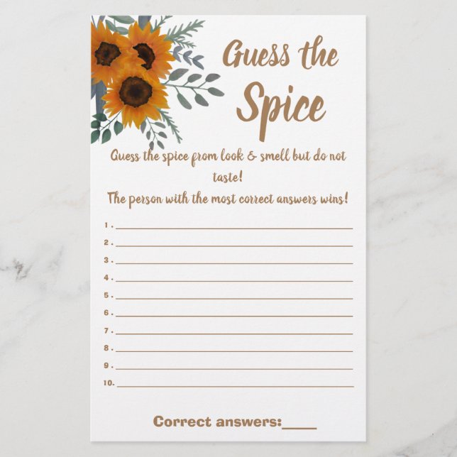 Sunflower Greenery Guess the Spice Game Card (Front)