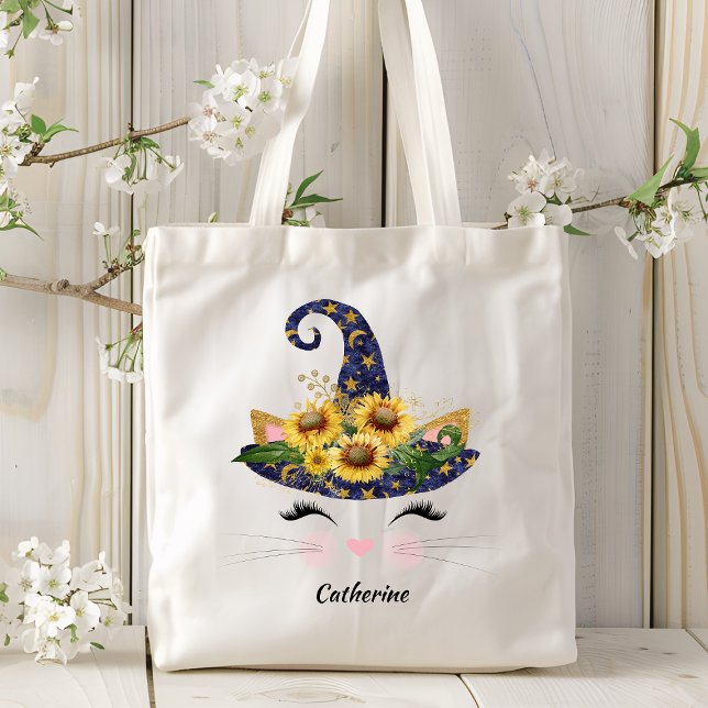 Sunflower Halloween Witch Cat Kitty Personalized Tote Bag (Creator Uploaded)