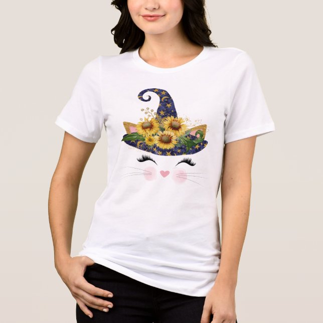 Sunflower Halloween Witch Cat Kitty Tri-Blend Shirt (Front)