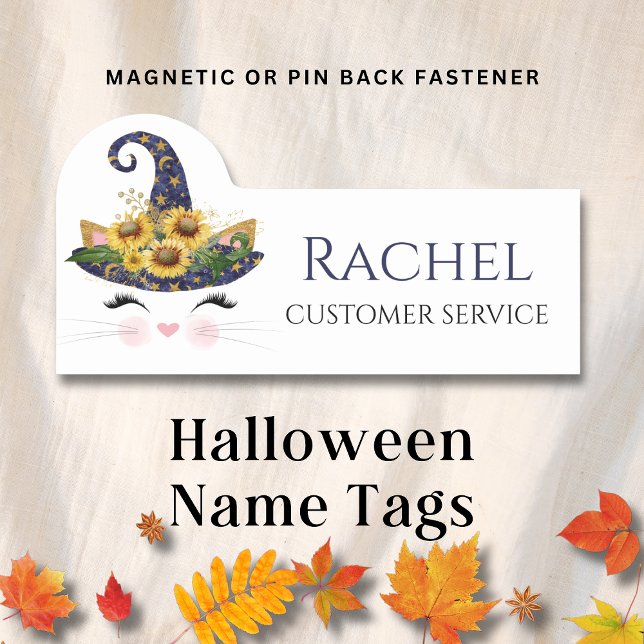 Sunflower Halloween Witch Cat Personalised Name Tag (Creator Uploaded)