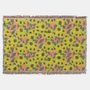 Sunflower Hand Drawn Floral Greenery Yellow Green Throw Blanket