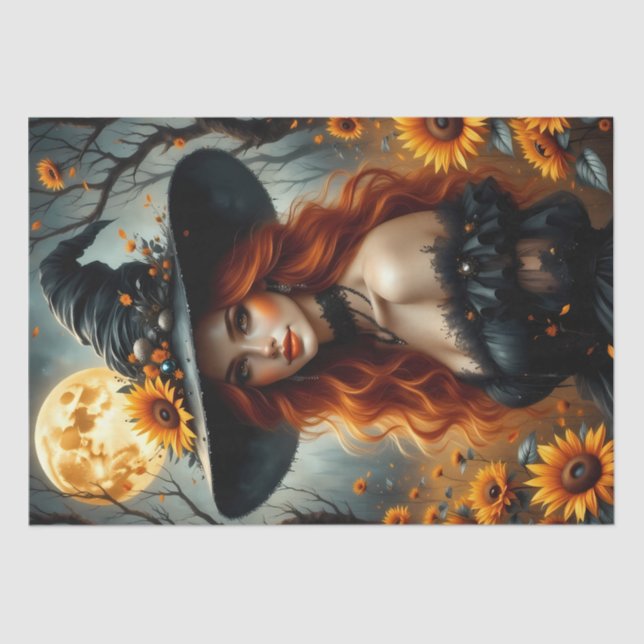 Sunflower Harvest Witch with Fiery Red Hair Tissue Paper (Front)