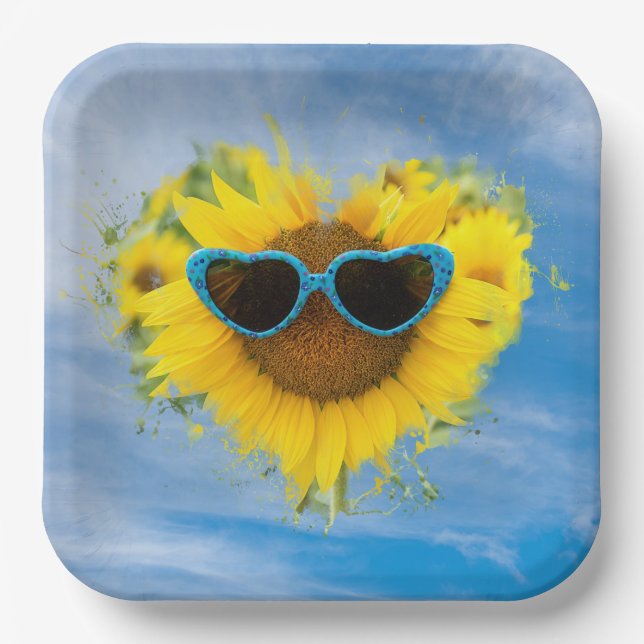 Sunflower Heart Abstract on Sky Paper Plate (Front)