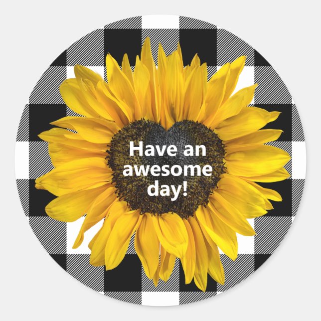 Sunflower Heart on Buffalo Plaid  Classic Round Sticker (Front)