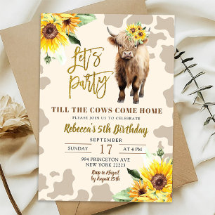 Sunflower Highland Cow Farm Girl Birthday Invitation
