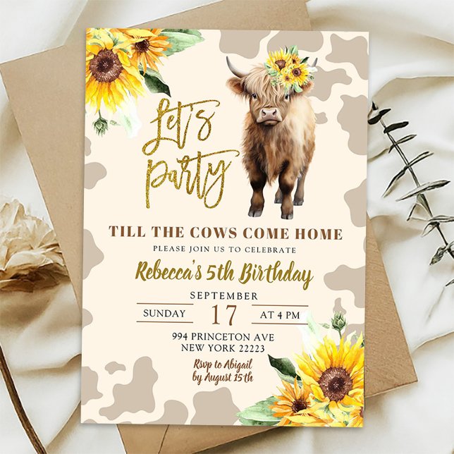 Sunflower Highland Cow Farm Girl Birthday Invitation (Creator Uploaded)