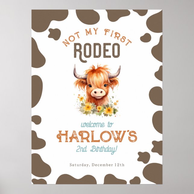 Sunflower Highland Cow Not My First Rodeo Birthday Poster (Front)